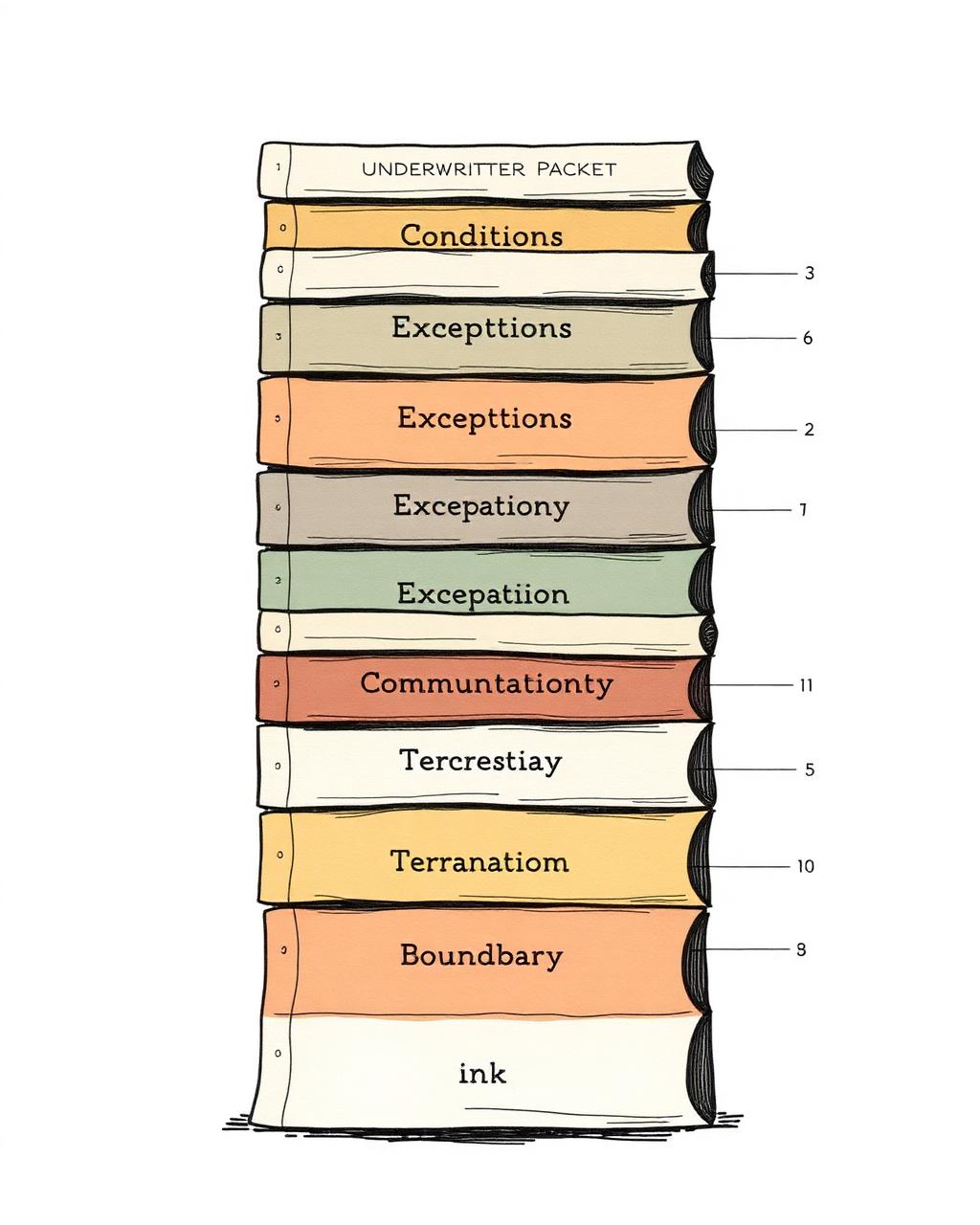 Editorial illustration of an underwriter packet split into labelled sections